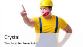  Presentation with funny work environment - Colorful slide deck enhanced with worker wearing coveralls with tape backdrop and a white colored foreground