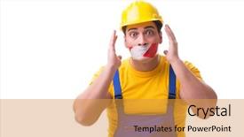 Presentation with funny work environment - Theme having worker wearing coveralls with tape background and a gold colored foreground