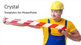  Presentation with funny work environment - Audience pleasing PPT layouts consisting of worker wearing coveralls with tape backdrop and a white colored foreground