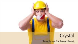  Presentation with funny work environment - Slide deck having worker wearing coveralls with tape background and a yellow colored foreground