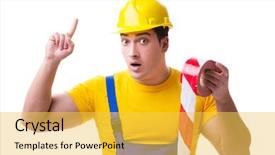  Presentation with funny work environment - Cool new slide deck with worker wearing coveralls with tape backdrop and a yellow colored foreground