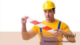  Presentation with funny work environment - Presentation design consisting of worker wearing coveralls with tape background and a gold colored foreground