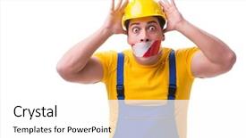  Presentation with funny work environment - Audience pleasing PPT layouts consisting of worker wearing coveralls with tape backdrop and a white colored foreground