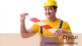  Presentation with funny work environment - Amazing slide deck having worker wearing coveralls with tape backdrop and a yellow colored foreground
