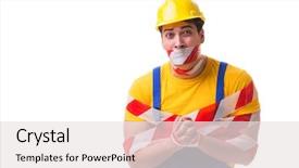  Presentation with funny work environment - Beautiful slide set featuring worker wearing coveralls with tape backdrop and a sky blue colored foreground