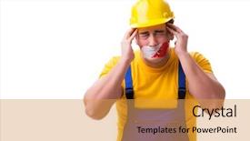  Presentation with tape - Presentation design with worker wearing coveralls with tape background and a gold colored foreground