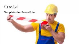  Presentation with funny work environment - Slide set having worker wearing coveralls with tape background and a white colored foreground