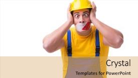  Presentation with funny work environment - Amazing slides having worker wearing coveralls with tape backdrop and a yellow colored foreground