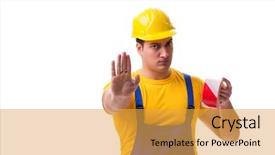  Presentation with funny work environment - Slides having worker wearing coveralls with tape background and a yellow colored foreground