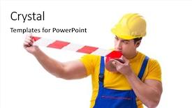  Presentation with caution - Beautiful presentation theme featuring worker wearing coveralls with tape backdrop and a white colored foreground