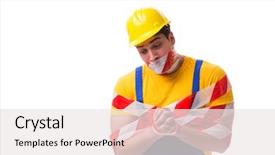  Presentation with funny work environment - Colorful PPT theme enhanced with worker wearing coveralls with tape backdrop and a white colored foreground