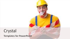  Presentation with tape - Colorful PPT theme enhanced with worker wearing coveralls with tape backdrop and a sky blue colored foreground