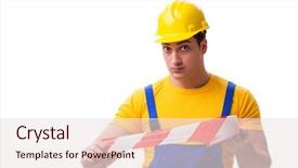  Presentation with funny work environment - Slide deck consisting of worker wearing coveralls with tape background and a sky blue colored foreground