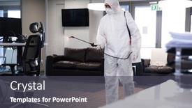  Presentation with disinfectant - Cool new PPT theme with worker-wearing-protective-suit-face backdrop and a dark gray colored foreground