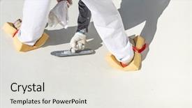  Presentation with sponges - Presentation theme with worker wearing sponges on shoes background and a white colored foreground