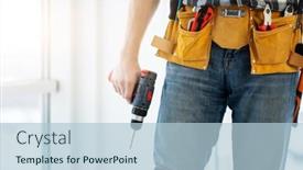  Presentation with mobile home - Slide deck featuring worker-wearing-tool-belt background and a light blue colored foreground