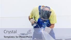  Presentation with construction work - Theme having worker-welding-on-construction-site background and a light blue colored foreground