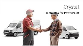  Presentation with senior worker - PPT theme featuring worker-with-a-van-shaking background and a white colored foreground