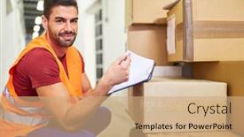  Presentation with checks - Amazing slide deck having worker-with-clipboard-in-warehouse backdrop and a coral colored foreground