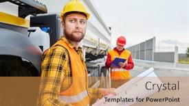  Presentation with construction materials - Amazing presentation design having worker-with-construction-drawing backdrop and a gold colored foreground