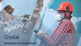  Presentation with vintage interior brick wall - Theme consisting of worker with demolition hammer breaking background and a seafoam green colored foreground