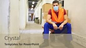  Presentation with face mask - Audience pleasing PPT theme consisting of worker-with-face-mask backdrop and a mint green colored foreground