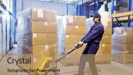  Presentation with pallet - Beautiful presentation theme featuring worker with fork pallet truck backdrop and a coral colored foreground