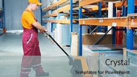  Presentation with lift truck - Theme featuring worker with fork pallet truck background and a light blue colored foreground