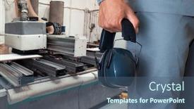  Presentation with industrial wood - PPT theme with worker-with-headphones background and a ocean colored foreground