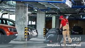  Presentation with machine - Audience pleasing slide deck consisting of worker-with-machine-cleaning-floor backdrop and a gray colored foreground