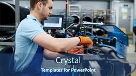  Presentation with machine - Audience pleasing PPT theme consisting of worker-with-machine-tool-installs backdrop and a ocean colored foreground