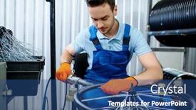  Presentation with machine - Beautiful PPT theme featuring worker-with-machine-tool-installs backdrop and a ocean colored foreground