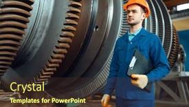  Presentation with turbine - Audience pleasing PPT layouts consisting of worker-with-notebook-large-turbine backdrop and a tawny brown colored foreground