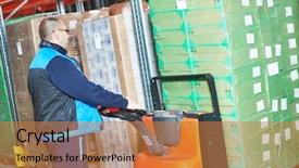  Presentation with pallet - Cool new PPT layouts with worker with pallet truck loading backdrop and a gold colored foreground