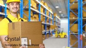  Presentation with worker safety - PPT theme consisting of worker with parcel and warehouse background and a coral colored foreground