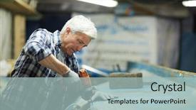  Presentation with senior worker - Audience pleasing presentation design consisting of worker with power drill lean backdrop and a light blue colored foreground