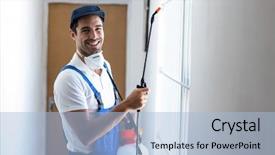  Presentation with pesticide - Beautiful slides featuring worker with sprayer at home backdrop and a light blue colored foreground