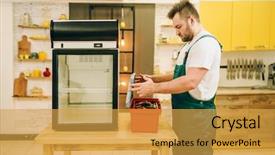  Presentation with refrigerator - Audience pleasing PPT theme consisting of worker with toolbox repair refrigerator backdrop and a yellow colored foreground