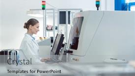  Presentation with factory machine - Slide set having worker-woman-in-modern-factory background and a light gray colored foreground