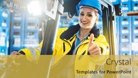  Presentation with logistics - Amazing slide deck having worker-woman-showing-thumbs-up backdrop and a yellow colored foreground