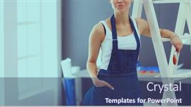  Presentation with new home - Audience pleasing theme consisting of worker-woman-with-drill-standing backdrop and a ocean colored foreground