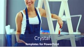  Presentation with new home - PPT theme consisting of worker-woman-with-drill-standing background and a navy blue colored foreground