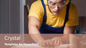  Presentation with woodworking - PPT layouts consisting of worker working in repair workshop in woodworking concept background and a coral colored foreground