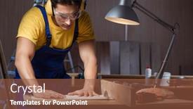  Presentation with woodworking - Theme with worker working in repair workshop in woodworking concept background and a tawny brown colored foreground