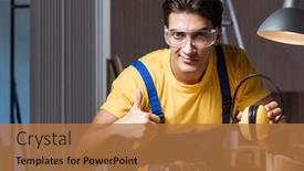  Presentation with woodworking - Cool new theme with worker working in repair workshop in woodworking concept backdrop and a coral colored foreground