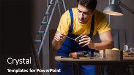  Presentation with woodworking - Beautiful PPT theme featuring worker working in repair workshop in woodworking concept backdrop and a wine colored foreground