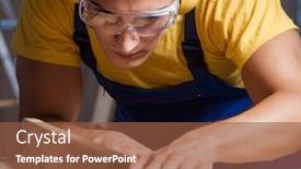  Presentation with woodworking - Slides enhanced with worker working in repair workshop in woodworking concept background and a tawny brown colored foreground