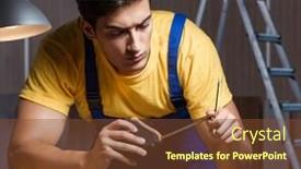  Presentation with woodworking - Colorful PPT layouts enhanced with worker working in repair workshop in woodworking concept backdrop and a tawny brown colored foreground