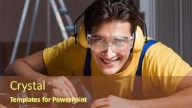  Presentation with woodworking - Audience pleasing slide set consisting of worker working in repair workshop in woodworking concept backdrop and a tawny brown colored foreground