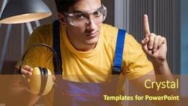  Presentation with woodworking - Cool new PPT theme with worker working in repair workshop in woodworking concept backdrop and a tawny brown colored foreground